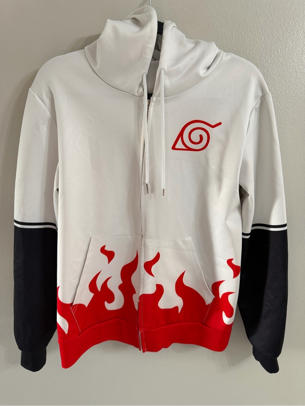 White Zip-Up Hoodie with Red Flame Detail Naruto.